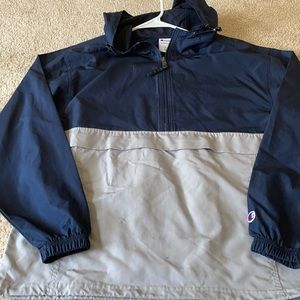 Grey and navy blue wind breaker